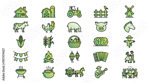 Rural Life and Festival Set in Linear Style. A collection of farm icons including cow, tractor, windmill, campfire, accordion, barn, pig, horse, corn, wheat, barbecue, scarecrow