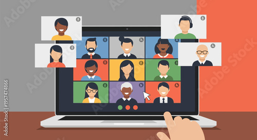 Online video conference call with diverse participants on a laptop screen.