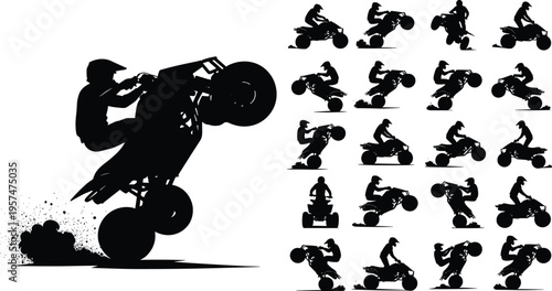 ATV quad bike rider silhouettes performing wheelie stunt extreme off road sport black silhouette collection isolated background adventure concept