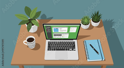 Overhead view of a modern laptop on a wooden desk with coffee and plants.