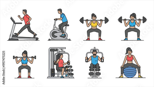 Gym Workout and Fitness Exercise Icon Set Featuring Treadmill Running, Weightlifting, and Cardio for Health Club Branding – Vector Illustration
