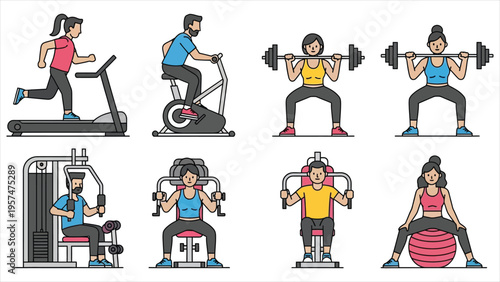 Gym Workout and Fitness Exercise Icon Set Featuring Treadmill Running, Weightlifting, and Cardio for Health Club Branding – Vector Illustration