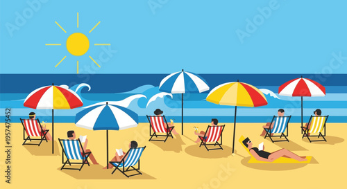 People relaxing on a sunny beach with colorful umbrellas and lounge chairs.