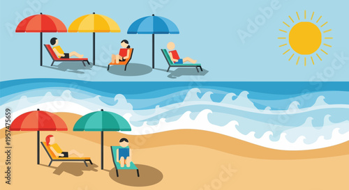 People relaxing on beach chairs under colorful umbrellas by the ocean.