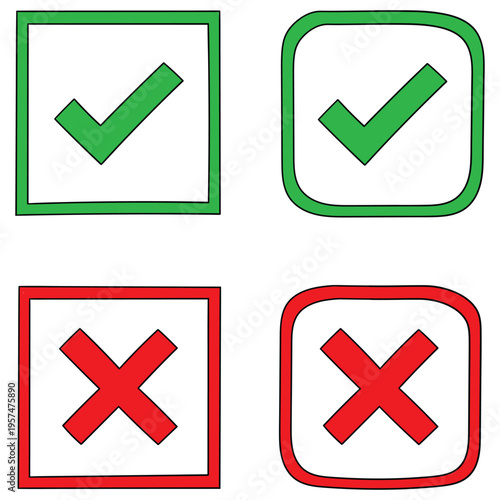 Hand-drawn cartoon set of green check marks and red crosses on a white background.