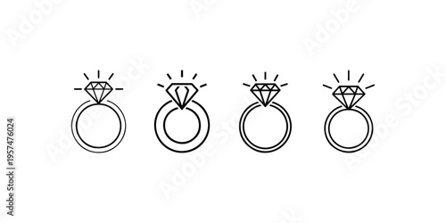 Diamond engagement ring icon set showing sparkling gemstone jewelry for wedding proposal or luxury anniversary gift isolated on white background illustration