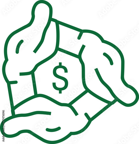 A green line art icon depicting a dollar sign symbol held safely inside of two cupped human hands