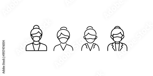 Woman doctor icons set with face mask vector for medical professional healthcare worker female physician character illustration isolated on white background medical staff