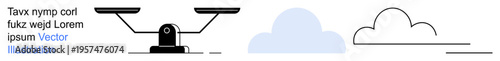 Justice, equality, decision-making, environmental balance, sustainability, fairness. A balance scale next to minimalistic cloud designs in black and blue. Justice and equality concept