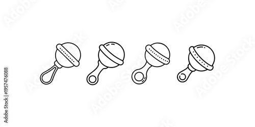 Baby rattle vector icon set. simple design. black and white line art. baby toy collection. for app and website icon. four different style baby rattle outline illustration isolated on white background
