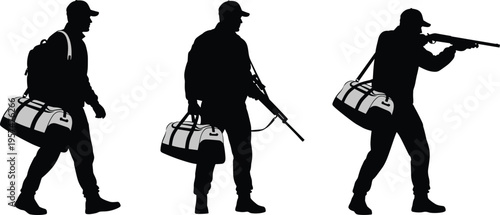 hunter silhouette set, man carrying rifle and bag, walking and aiming poses, outdoor activity vector illustration isolated on white