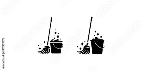 Mop and bucket vector icon set, mop and bucket icon for cleaning services, cleaning flat vector icon for website and app