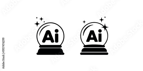 Artificial intelligence magic ball icon set with sparkle stars for future tech prediction and digital fortune telling concepts isolated on white background