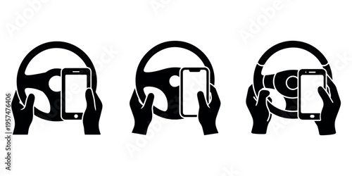 Set of car steering wheel with hands holding smartphone and mobile phone device for navigation or texting while driving safety alert sign vector graphics