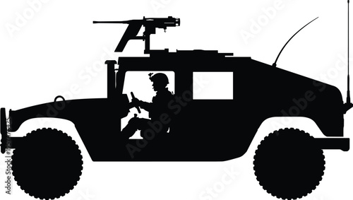 Military armored vehicle silhouette with mounted gun and soldier driver inside, army combat transport, tactical defense forces, security operations background