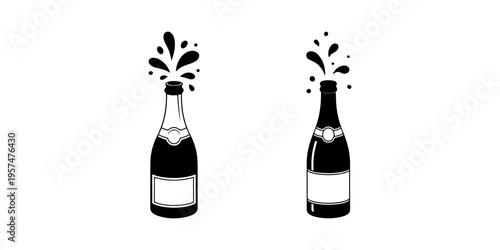 Set of champagne bottle opening with splashing liquid and bubbles for celebration and party event decoration elements isolated on white background vector
