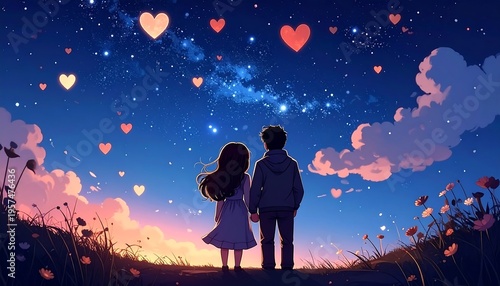 Couple Gazing at Starry Night Sky Filled with Heart-Shaped Lanterns.