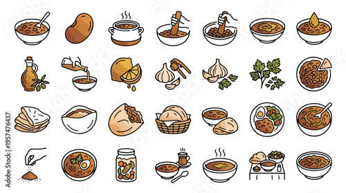 Foul Mudammas icon set in linear style. A collection of linear icons representing Egyptian breakfast, including fava beans, pita bread, olive oil, garlic, lemon, parsley