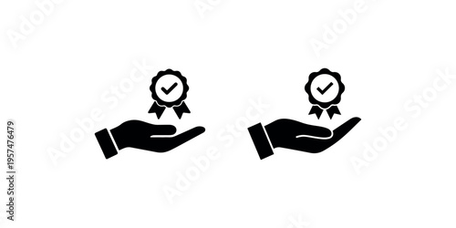 Hand holding quality seal with check mark icon set representing premium service guarantee and customer satisfaction for business marketing and branding