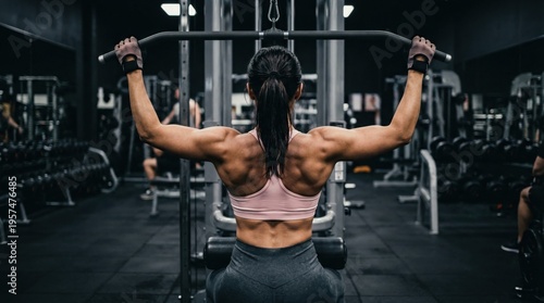Athletic Woman Performing Lat Pulldown Exercise in Modern Gym