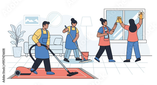 Professional cleaning service team working together to tidy a home.