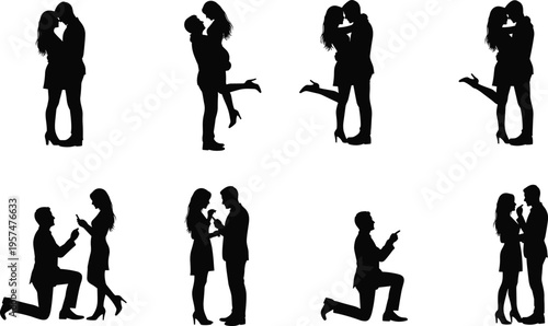 romantic couple silhouettes, proposal and kissing poses, love relationship moments, black shadow figures, isolated set, wedding engagement concept, valentine theme
