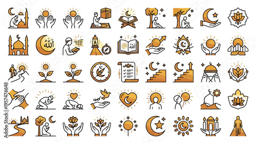 Islamic Spirituality Icon Set in Line Style. A collection of religious linear icons, including mosque, Quran, prayer, moon, star, Kaaba, dua, heart, faith, path, growth, and more. Vector graphic art.
