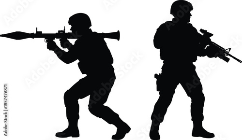 soldiers, silhouettes, military, army, weapon, rifle, rocket, launcher, combat, defense, war, tactical, black, vector, illustration, isolated, white, background, security, set
