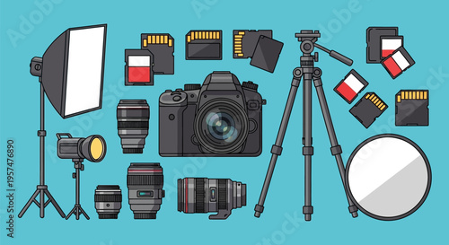 Professional photography equipment set including camera, lenses, tripod, and lighting gear.