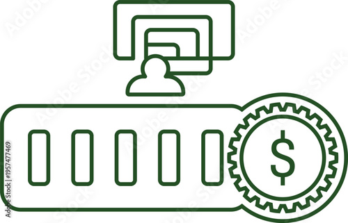A green line icon depicting a user interface connected to a financial gear symbol for business