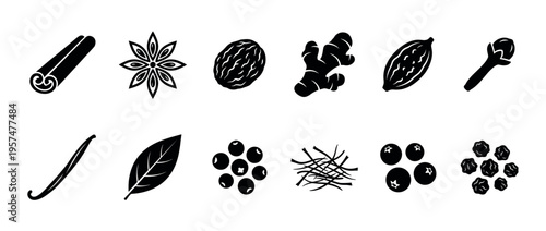 Collection of various spices and herbs in a minimalist black silhouette style for culinary and cooking concepts and recipes.