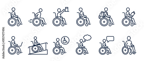 Wheelchair users icon set illustrating various activities and accessibility concepts for people with disabilities.