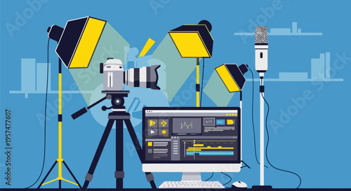 Professional video production studio setup with camera, lighting, and editing software.