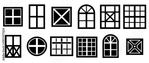 Collection of diverse window designs and architectural frames presented as black and white silhouette icons for building and home decor concepts.