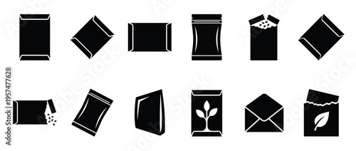 Various seed packets, envelopes, and pouches in a black silhouette icon collection, symbolizing gardening and plant cultivation.