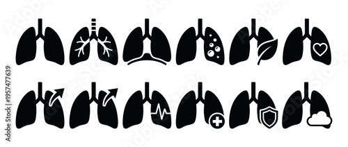 Human lungs icon set illustrating various health conditions, medical concepts, and anatomical structures of the respiratory system.