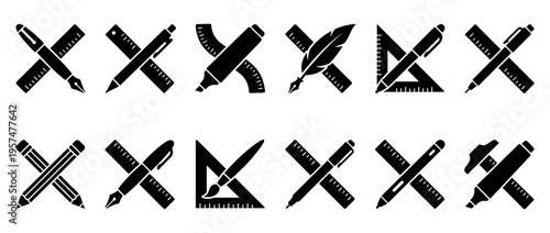 Collection of writing and drawing tools crossed with various rulers and measuring instruments, presented as a set of black silhouette icons for education and design.