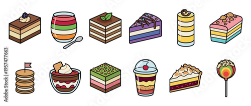 Collection of colorful desserts, cakes, and sweets in a cute isometric cartoon style, perfect for food-related designs.