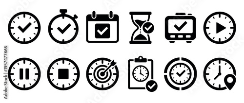 Time management icons set featuring various clocks, calendars, and hourglasses with checkmarks, representing planning, deadlines, and efficiency.