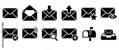 Collection of email icons and mail symbols representing various communication actions like sending, receiving, viewing, and managing messages.