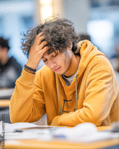 A young man in a yellow hoodie sits at a desk, appearing stressed or frustrated while studying in a classroom setting.