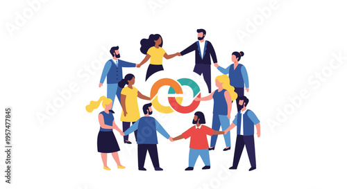 Global Diverse Group of People Holding Hands Around a Connection Symbol, Representing Teamwork, Unity, and Partnership