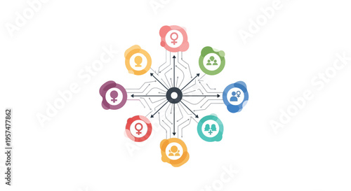 Diverse Social Network Hub Diagram: Connecting People, Communities, and Women Empowerment Icons for Outreach & Demographic Analysis