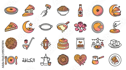 Kunafa Ramadan Food Icon Set in Linear Style. A collection of linear icons representing Middle Eastern desserts, including kunafa, cheese, syrup, rose, lantern, dallah coffee, moon, star