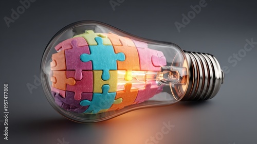 Colorful Puzzle Pieces Inside a Light Bulb Symbolizing Creativity