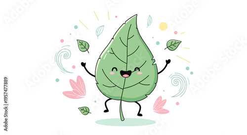 Smiling cartoon leaf character standing alone.
