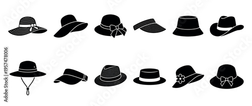 Collection of various stylish hats and headwear silhouettes, including sun hats, fedoras, and visors, perfect for fashion and accessory designs.
