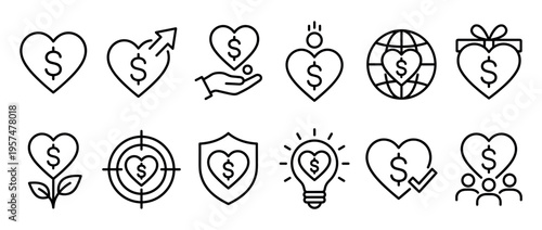 Heart dollar sign icons set representing various concepts of financial giving, charity, and investment.