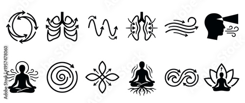 Breathing meditation wellness flow icons representing mindfulness, spiritual balance, and internal energy for health and relaxation practices.