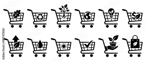 Eco-friendly shopping cart icons representing sustainability, recycling, green energy, and environmental protection concepts for conscious consumerism.